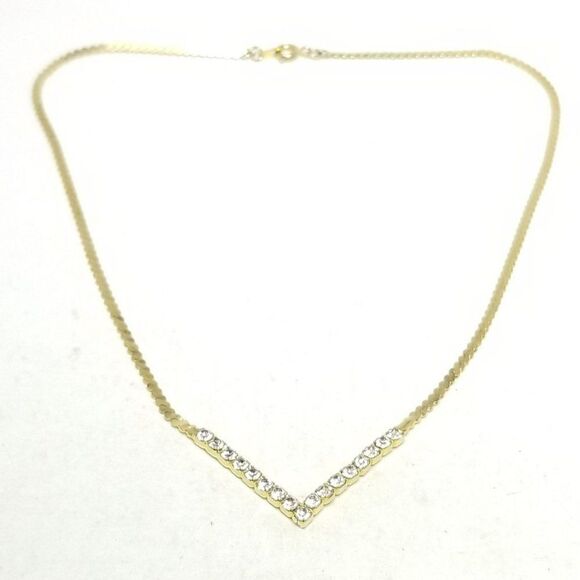 Vintage V Shape Rhinestone and Gold Tone Chain Necklace, Minimal Sparkle, Estate - Picture 4 of 6